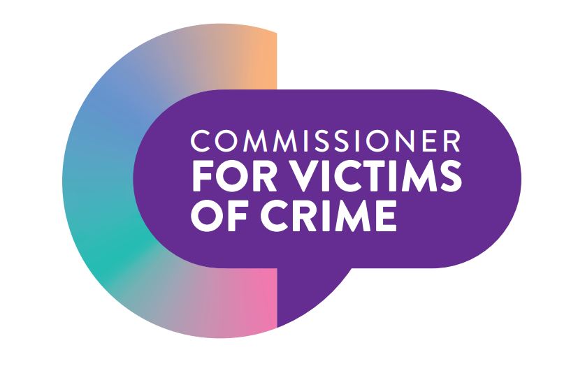 Multicoloured letter C surrounding purple speech bubble with Commissioner for Victims of Crime typed inside